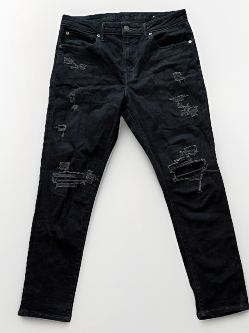 American Eagle Jeans Mens 34x30 Black Cozy Airflex Athletic  Distressed Denim
